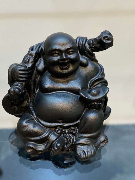 Black Mini Laughing Sitting Buddha with Bag of Plenty a symbol of abundance