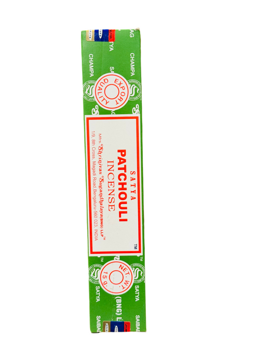 Satya Patchouli Incense box with green packaging, promoting a deep, earthy aroma for relaxation and mindfulness.