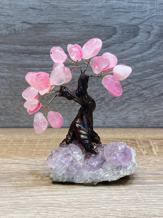 Pink Agate Gemstone Little Tree with an Amethyst Base