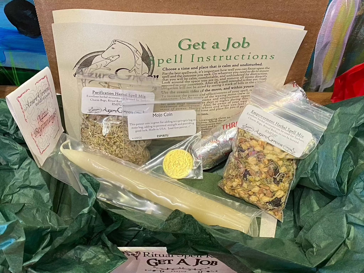 Get a Job Ritual Spell Kit with mojo coin, ritual candle, herbal mixes, and instructions for job success.