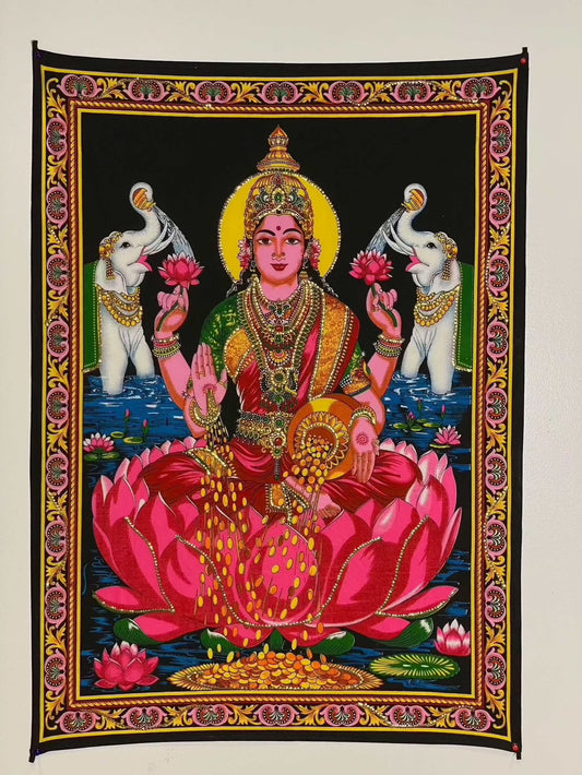 Goddess Lakshmi Indian tapestry wall hanging for wealth and success.