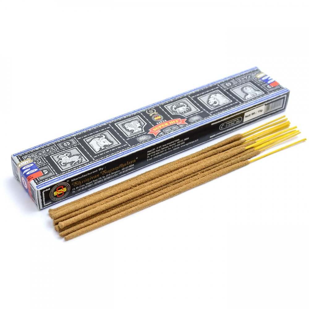 Nag Champa Super Hit Incense BLACK BOX with 20 hand-rolled sticks, known for its sweet, mystical aroma and spiritual benefits.