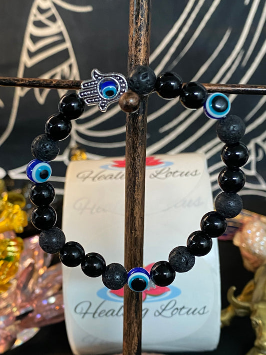 Black Obsidian, Lava Rock and Evil Eye Gemstone Bracelet W/Hamsa Charm