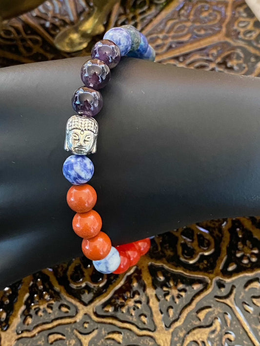 Chakra Buddha charm beaded string bracelet with vibrant chakra stones.