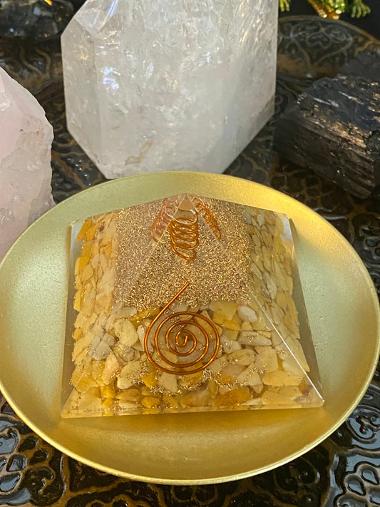 Orgonite Pyramid Yellow Aventurine with Copper Coil Clear Quartz Point And Gold Dust