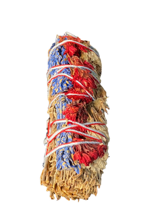 Shasta Blue Sage Smudge with red and white sinuata, Sudan Blue flowers for cleansing.