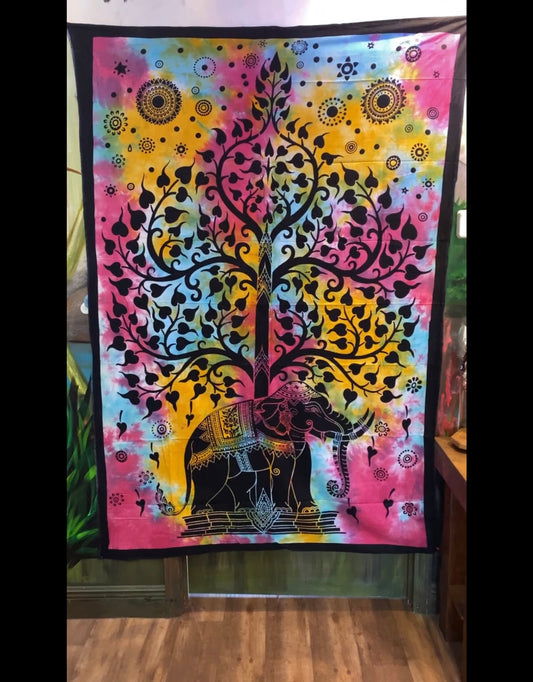 Tie-dye Multi-Color Indian Elephant Bodhi Tree Tapestry