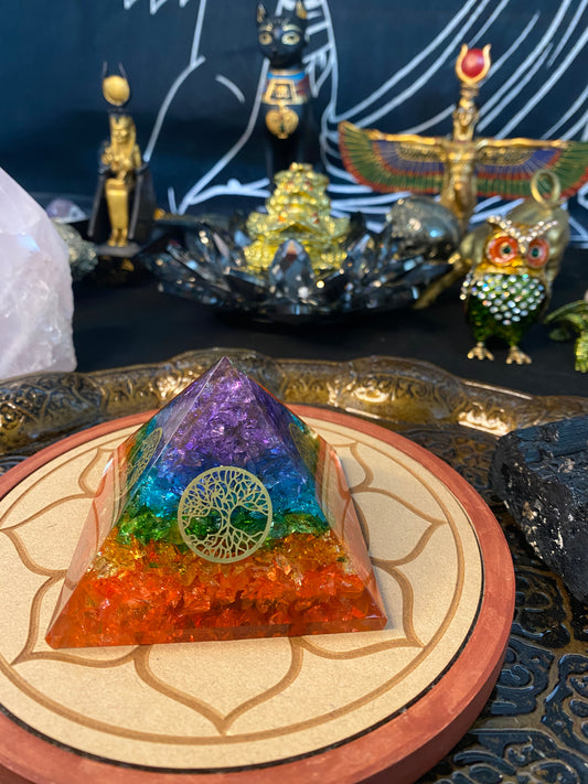 Seven Chakra Orgonite Pyramid Rainbow Agate Chips with Tree Of Life Symbol