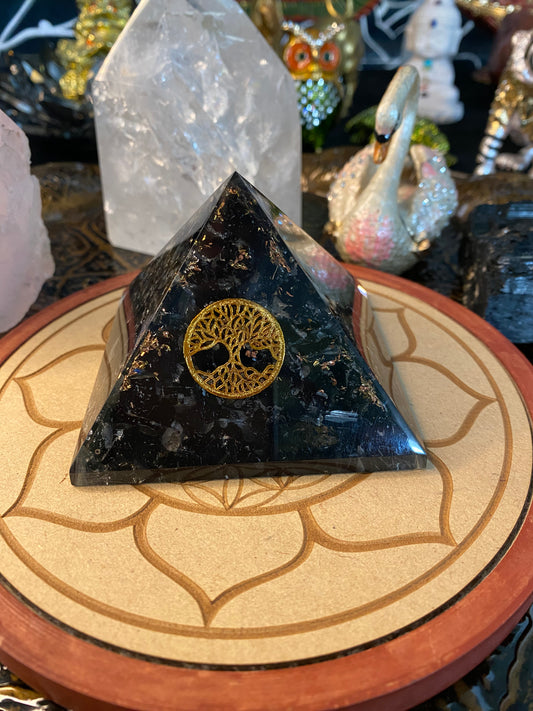 Orgonite Pyramid Large Black Tourmaline with Tree Of Life Emblem and Gold Dust