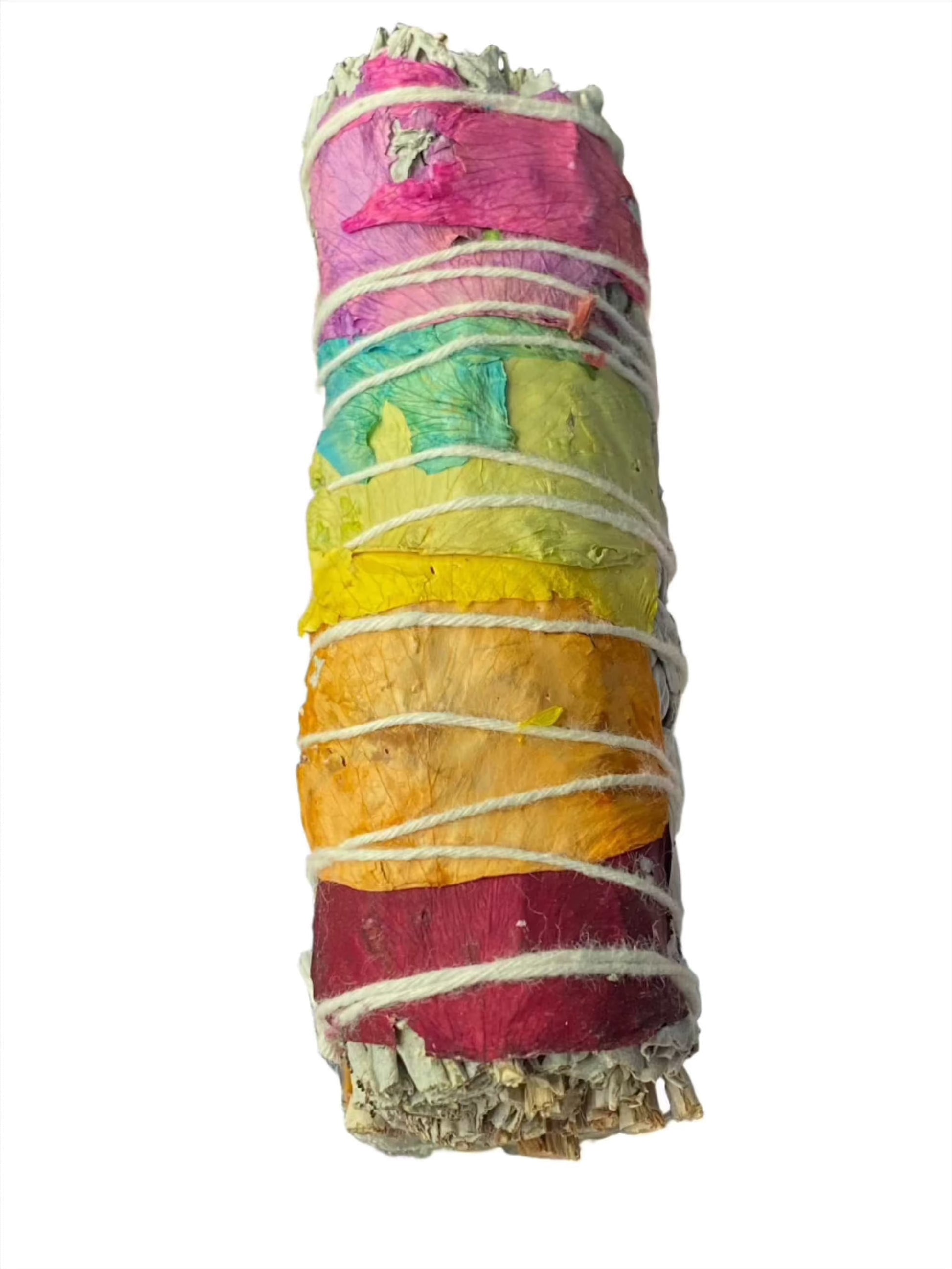 7 Chakra Meditation Dream Sage Wand with colored petals for energy healing and balance.
