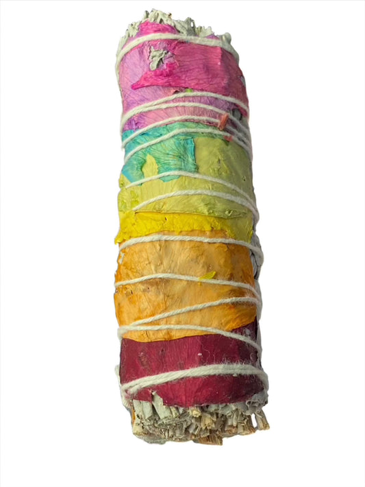 7 Chakra Meditation Dream Sage Wand with colored petals for energy healing and balance.