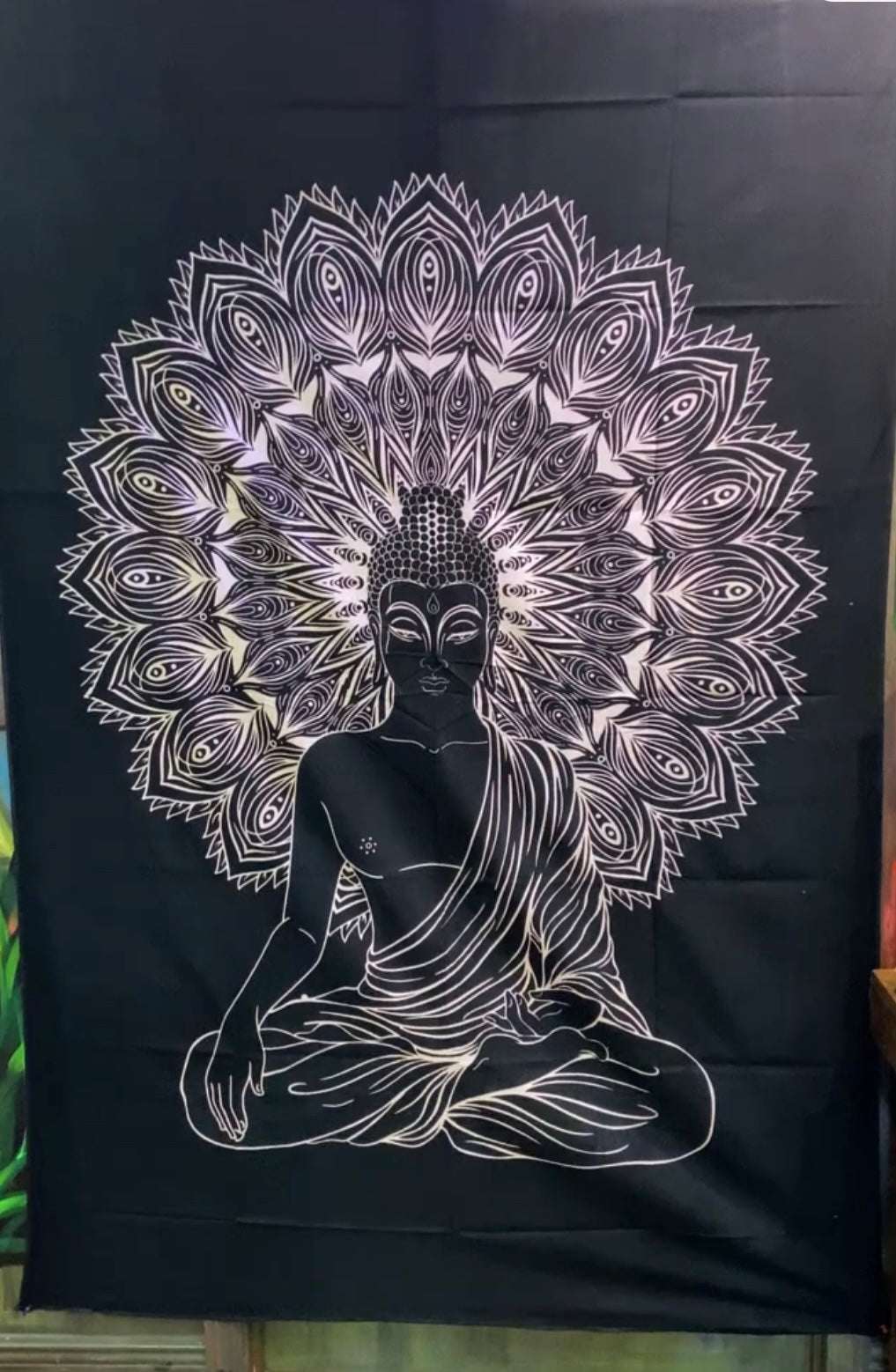 Buddha Meditation Mandala Tapestry with intricate black and cream mandala art.