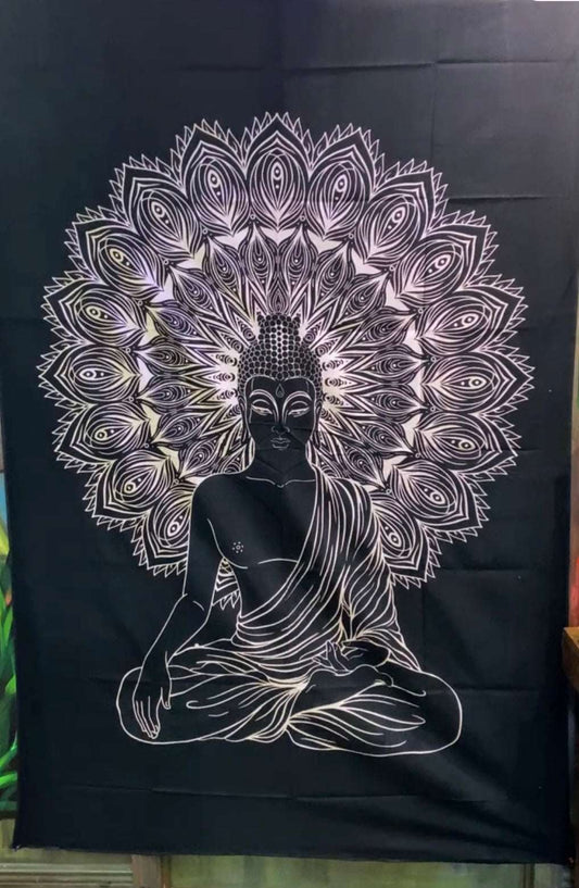Buddha Meditation Mandala Tapestry with intricate black and cream mandala art.