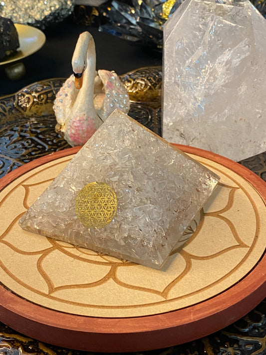 Orgonite Pyramid Large Clear Quartz Generator with Gold Flower of Life Symbol
