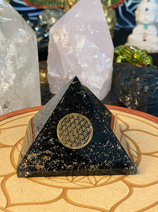 Orgonite Pyramid Black Tourmaline, Flower Of Life Emblem & Gold Dust