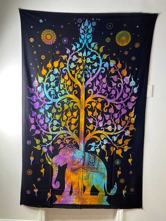 Dark Multi-Color Indian Elephant Bodhi Tree Tapestry