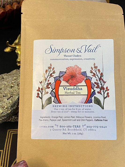 Simpson Vail Visuddha Herbal Tea packaging with ingredients and brewing instructions.