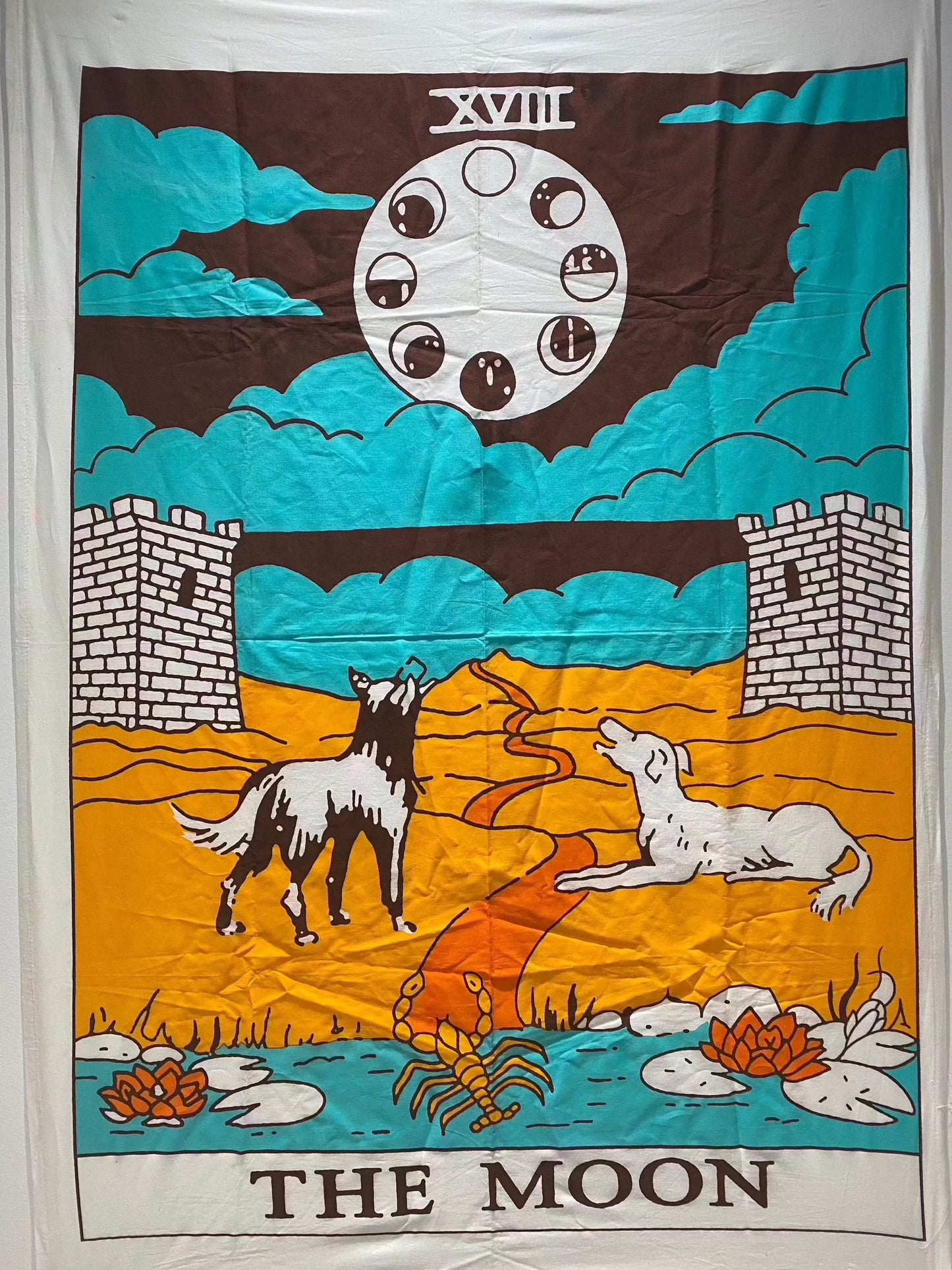Rider Tarot Tapestry The Moon with symbolic imagery depicting illusion and reflection.