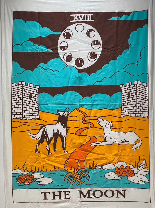 Rider Tarot Tapestry The Moon with symbolic imagery depicting illusion and reflection.