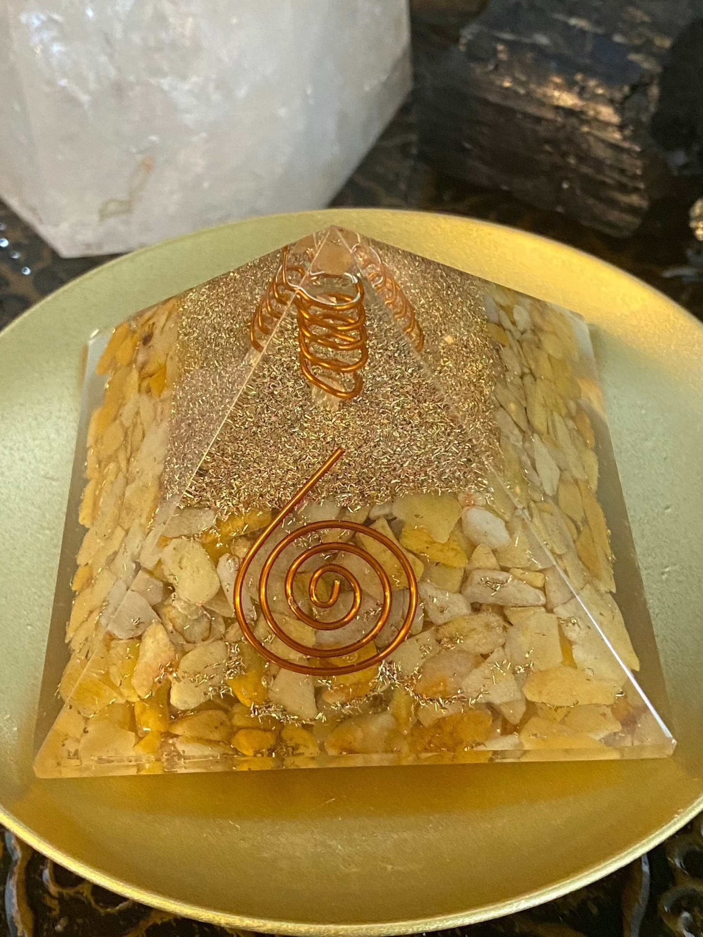 Orgonite Pyramid Yellow Aventurine with Copper Coil and Quartz Point.