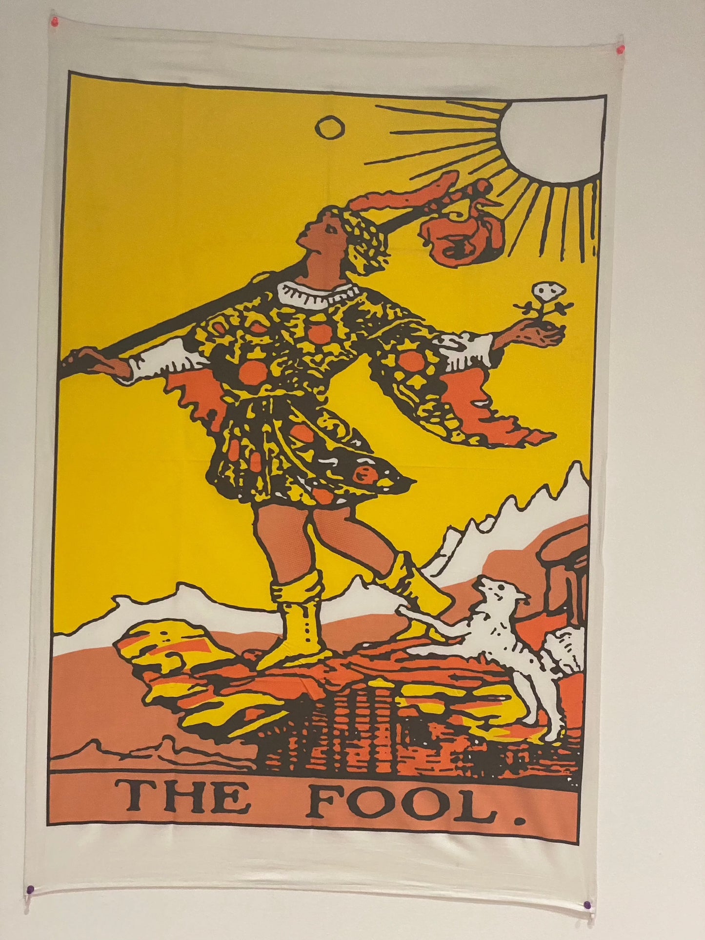 Rider Tarot Tapestry The Fool featuring vibrant colors and symbolic imagery, depicting new beginnings and optimism.