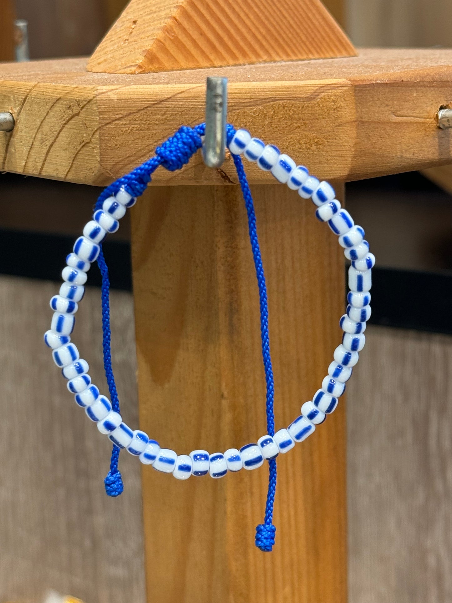 Handmade Pull Tie Nautical Blue and White Seed Beaded Bracelet