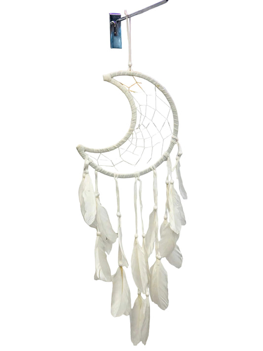 White Crescent Moon Dreamcatcher with Feathers