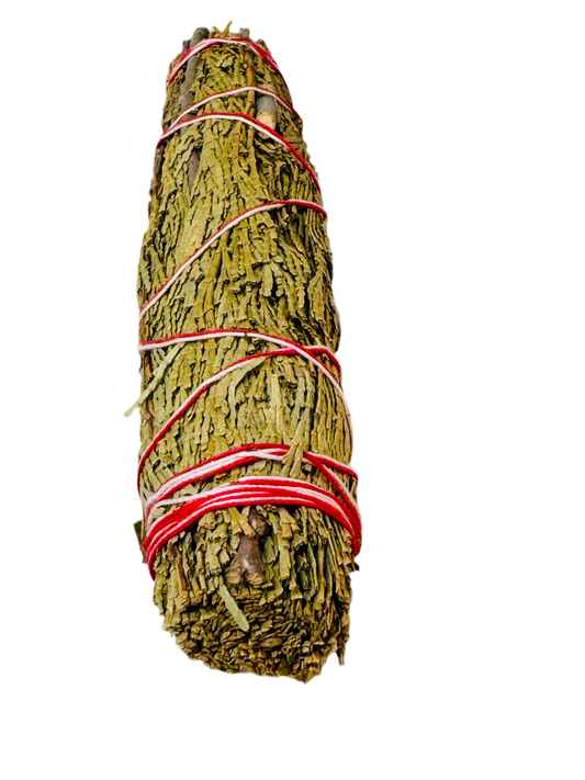 Cedar 9" smudge stick wrapped in red thread for spiritual cleansing and purification ceremonies.