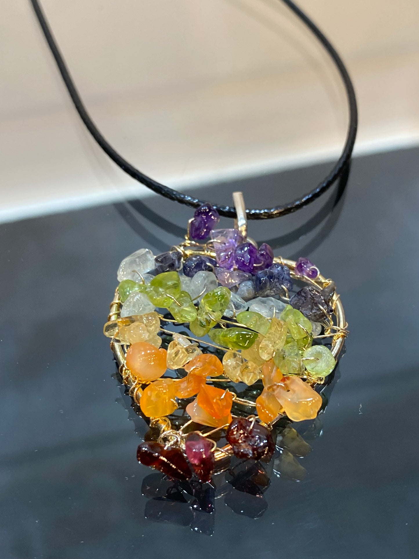 7 Chakra Chips Heart Silver Wire Wrapped Pendant With Black Cord Necklace