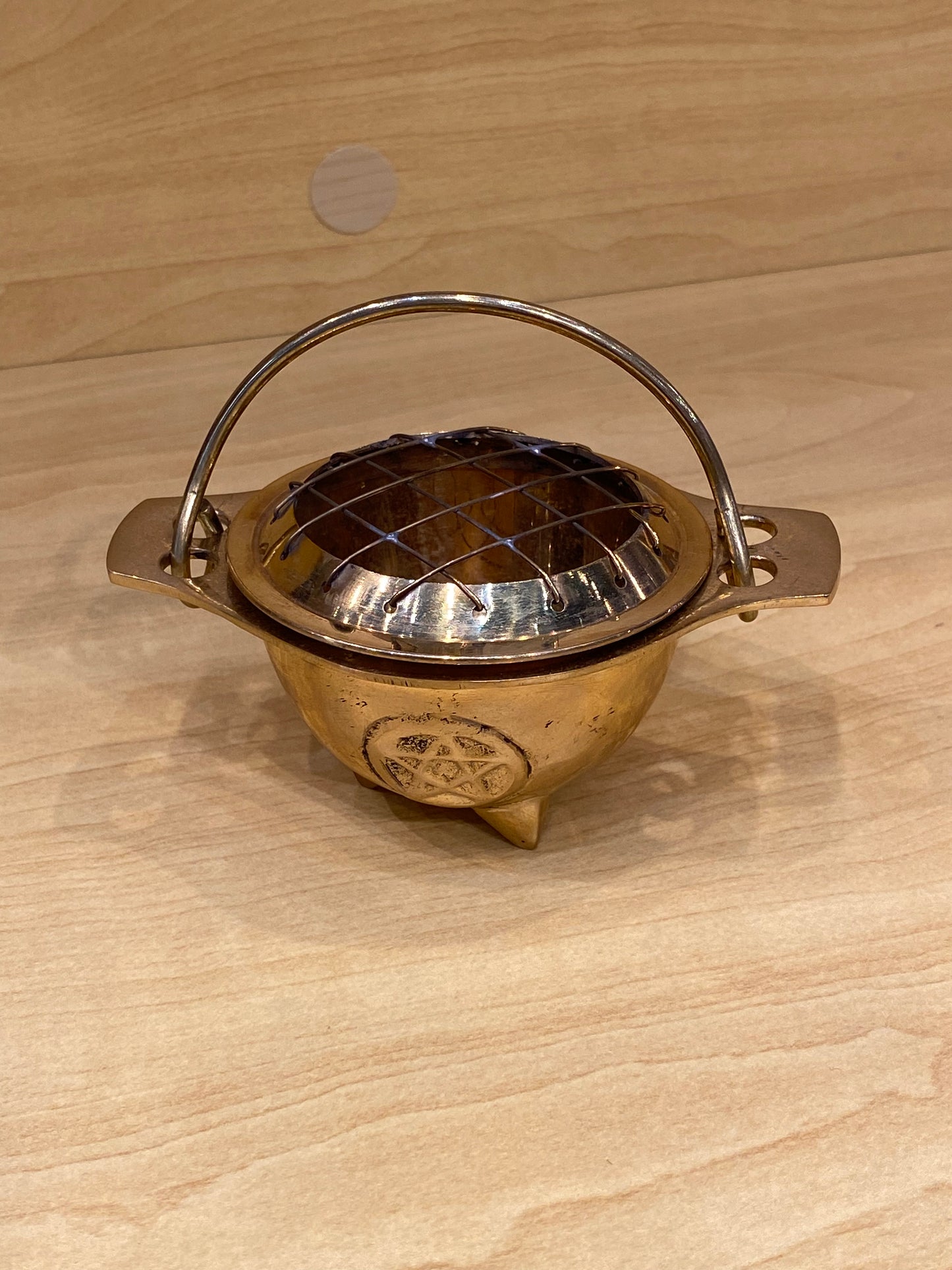 Brass Pentacle Cauldron With Grid Top and Handle