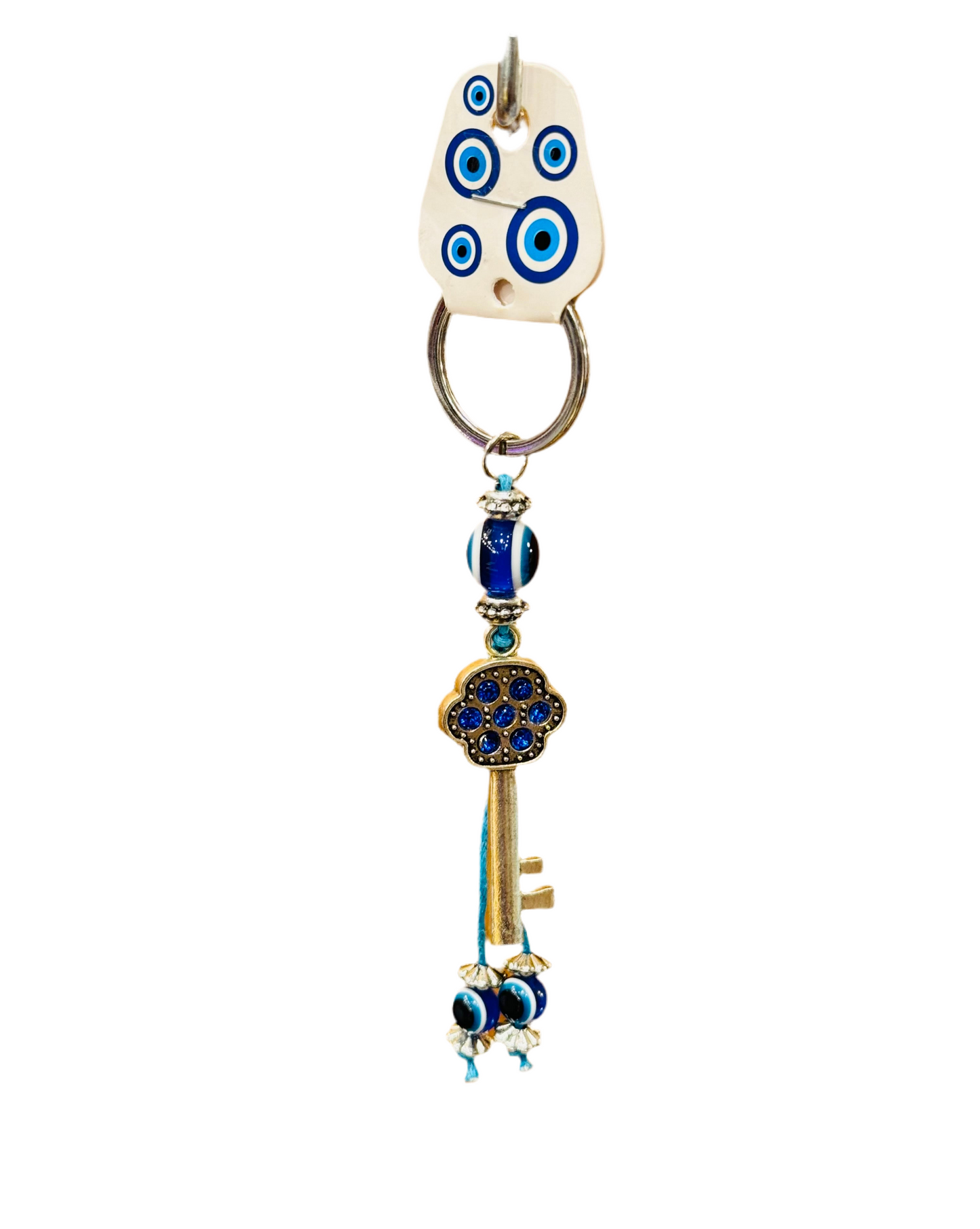 Ancient Key Blue Crystal Stones Evil Eye Keychain