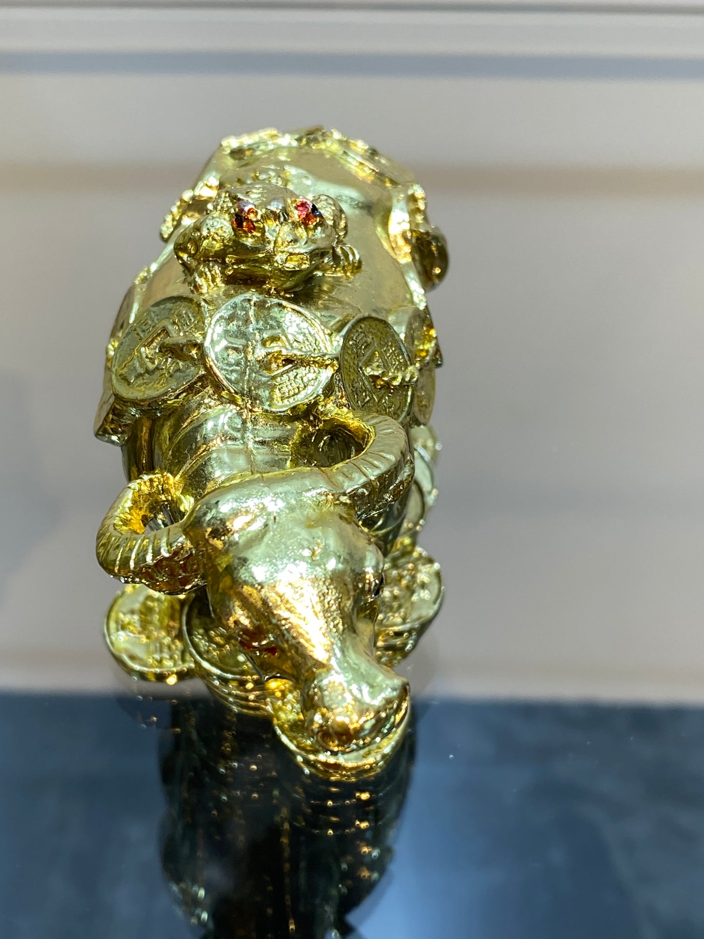 Feng Shui Golden Shiny Color Money Ox with Money Frog sitting on Top