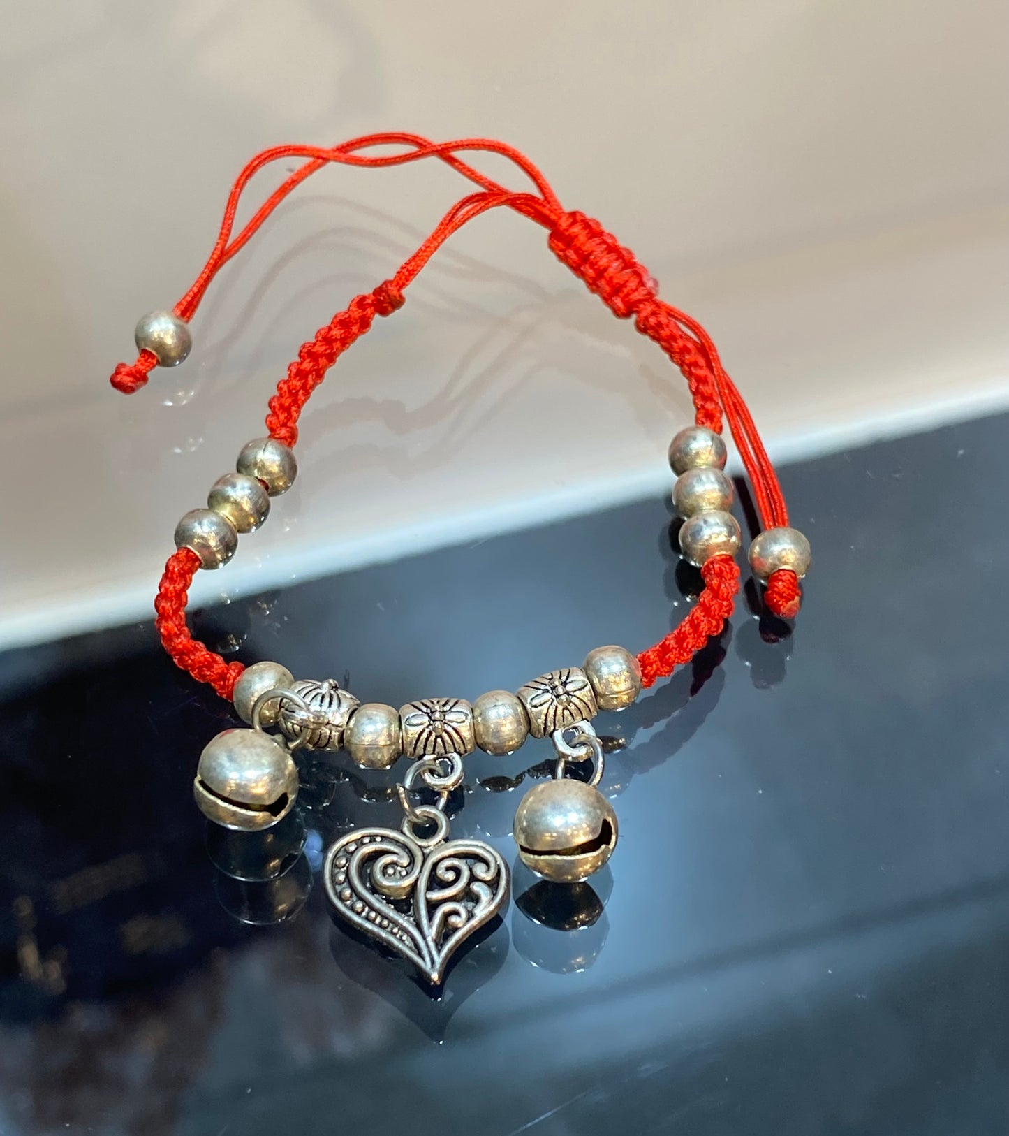 Handmade Red String Braided Pull Tie Bracelet Silver Beads With Silver Bells and Heart Charm