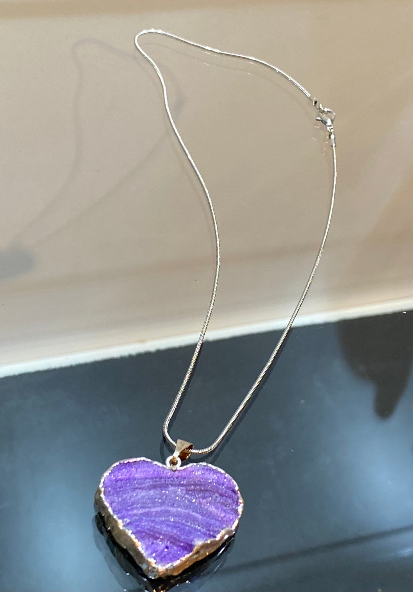 Purple Banded Agate Stone Silver Heart Pendant with Silver Plated Necklace