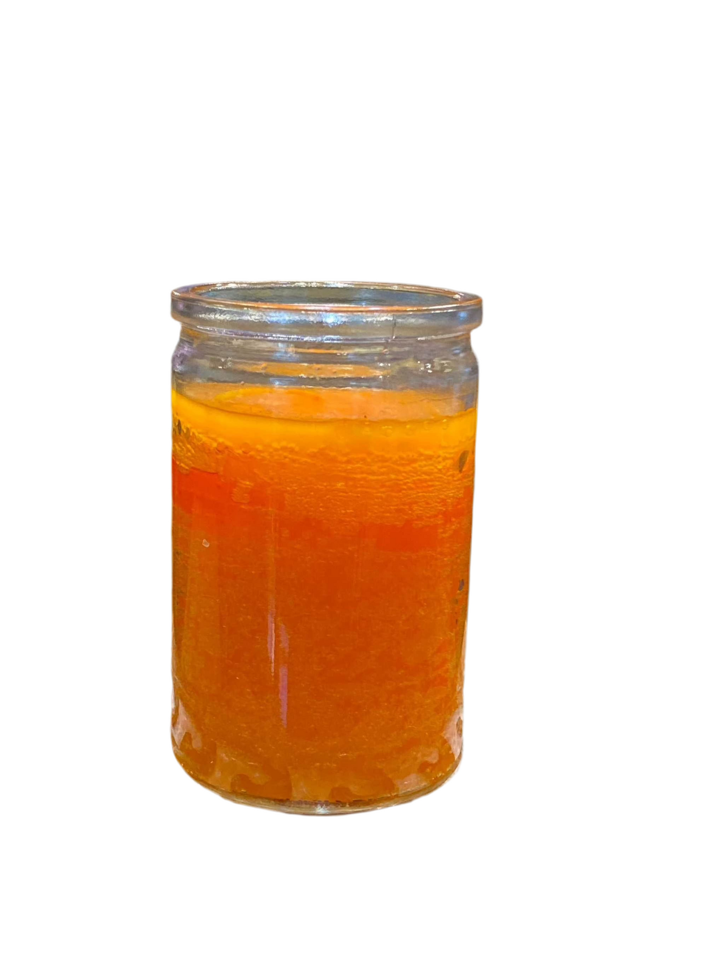 Prayer Orange 50 Hour Candle in glass holder with vibrant hue.