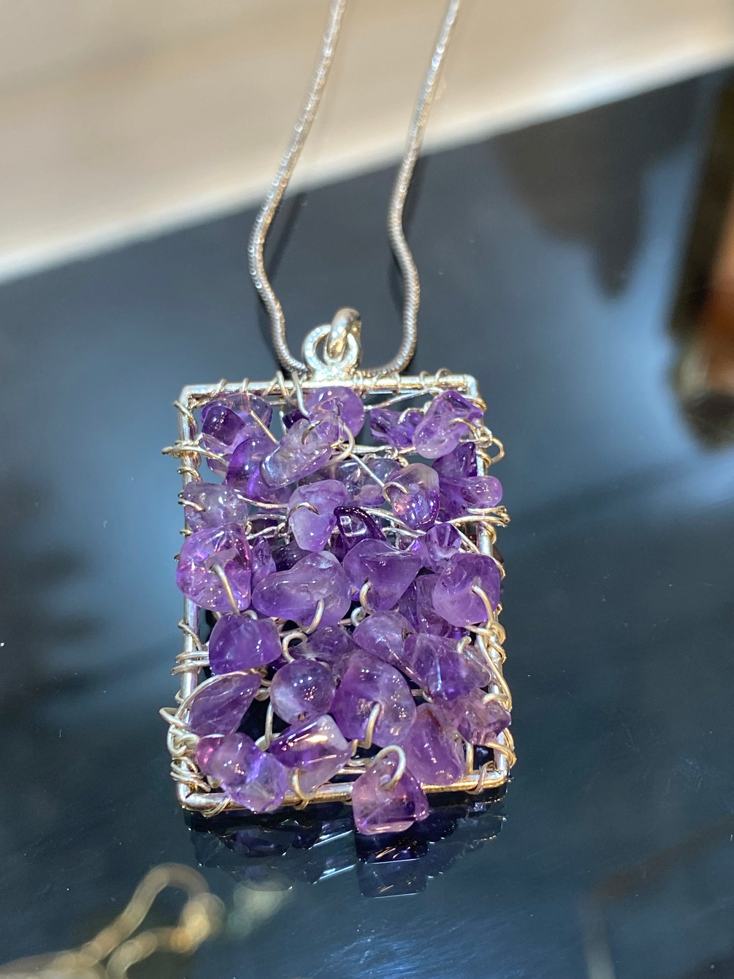 Wire Wrapped Amethyst Chips Silver Pendant with Silver Chain