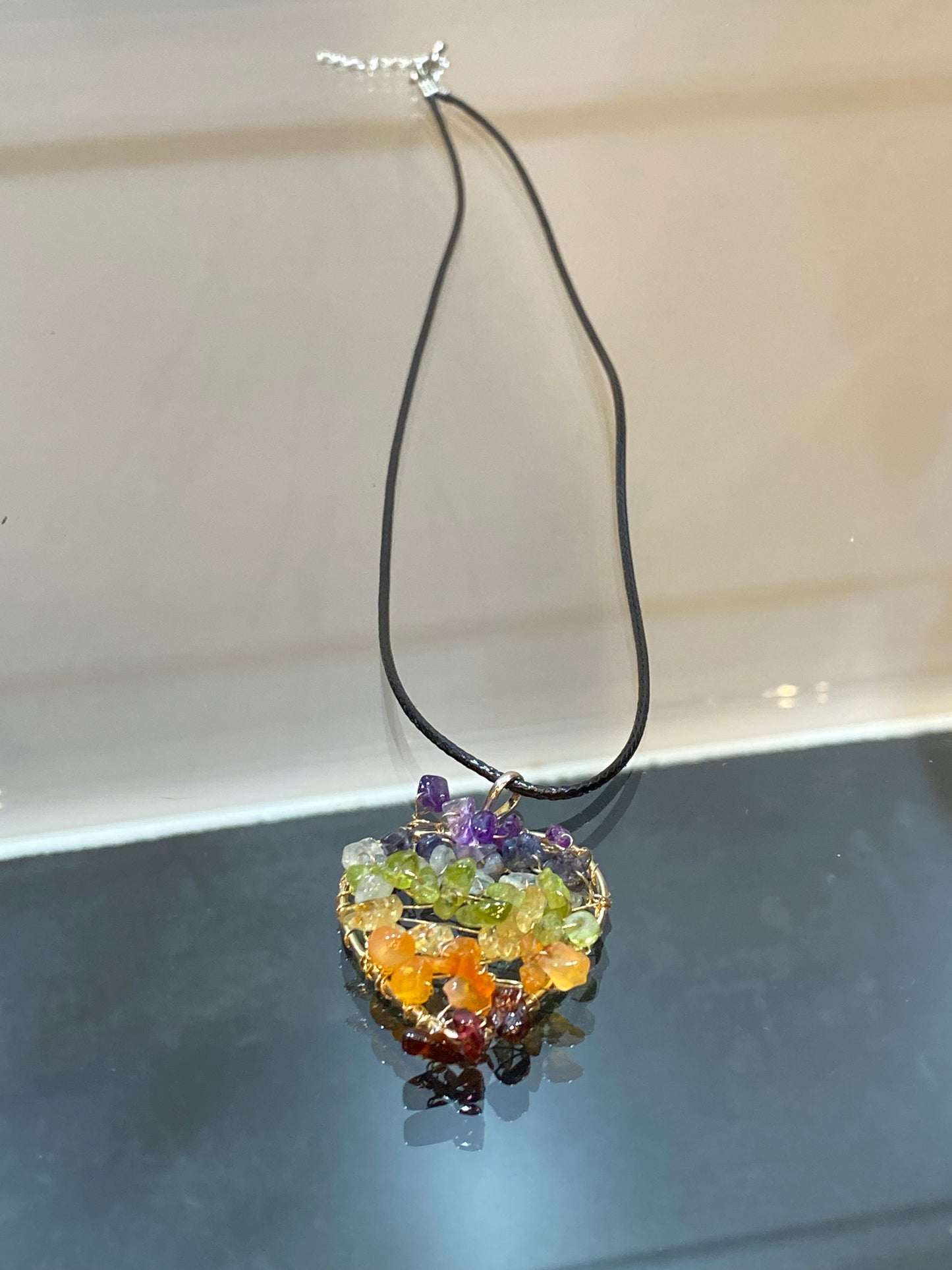 7 Chakra Chips Heart Silver Wire Wrapped Pendant With Black Cord Necklace