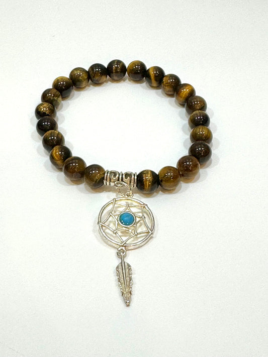 Tiger Eye Gemstone Bracelet With Dream Catcher Charm