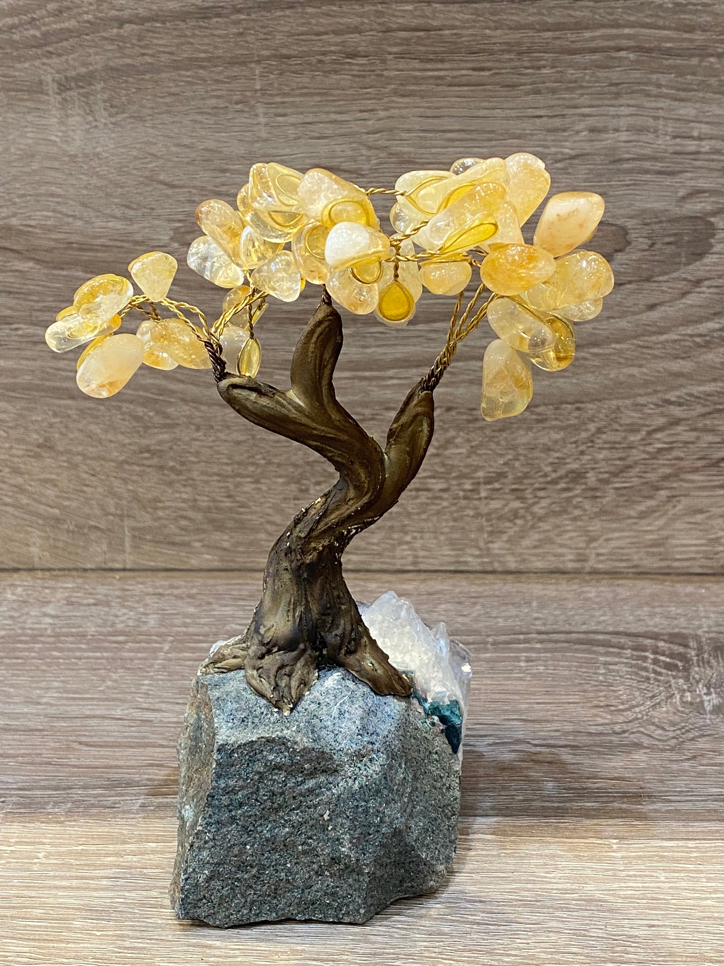 Bonsai Gemstone Citrine Tree on a Smoky Quartz Cluster