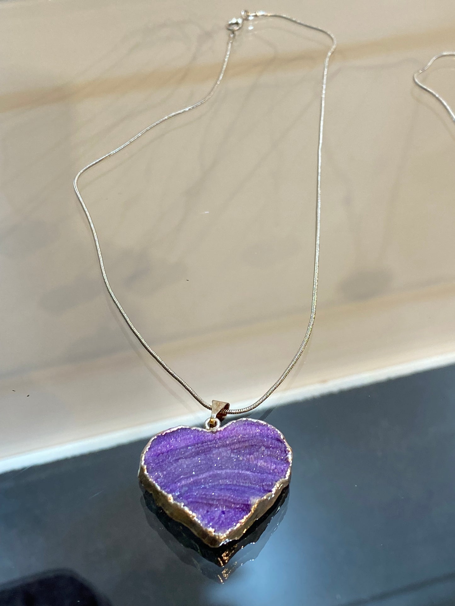 Purple Banded Agate Stone Silver Heart Pendant with Silver Plated Necklace