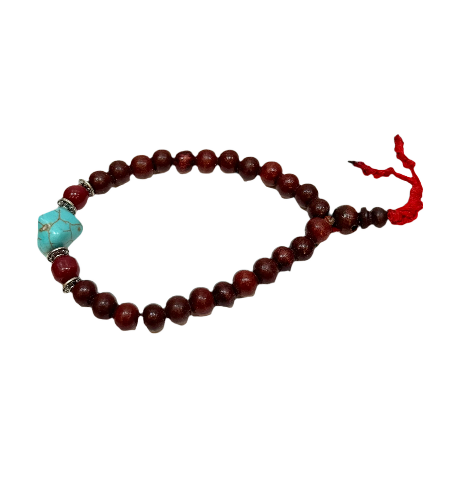 Rosewood, Turquoise and Brass Mala Beaded Bracelet Red String