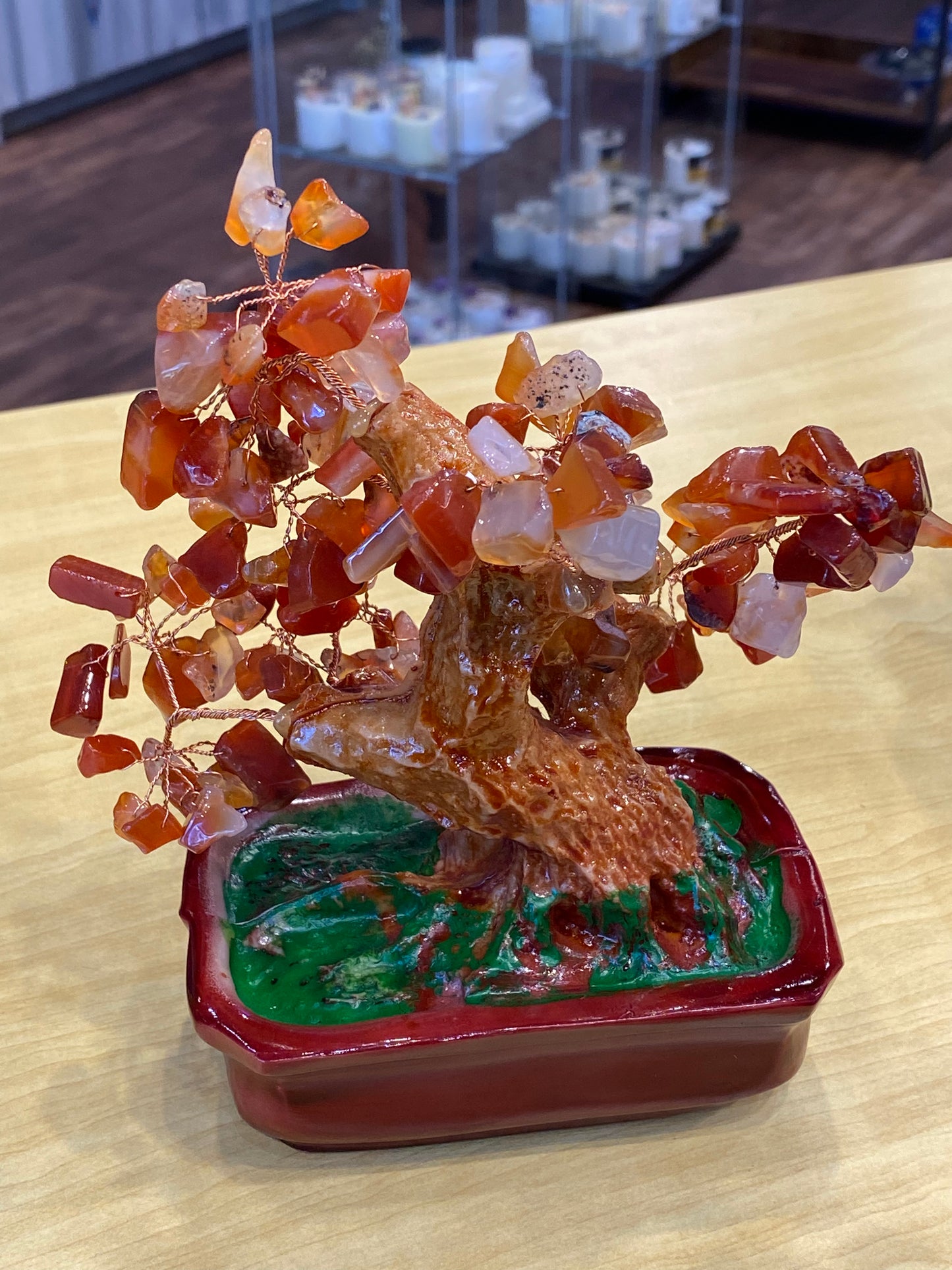 Feng Shui Bonsai Tree Desktop  Tumbled Carnelian in a Red Tub