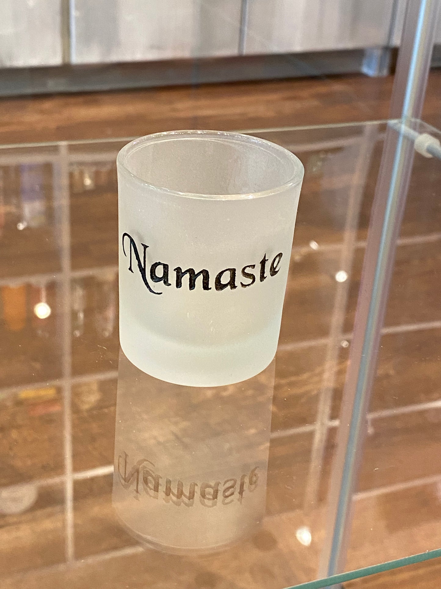 Namaste Black Glass Etched Glass Votive Holder