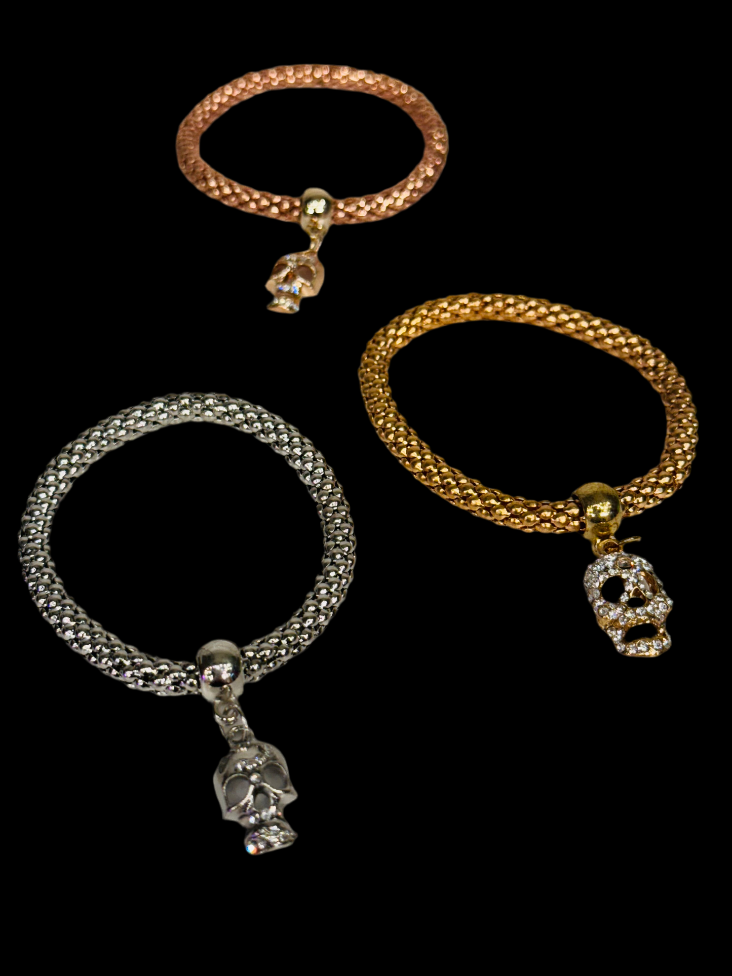 Fashion Jewelry Gold, Rose Gold and Silver Skull Metal Mesh Bracelet