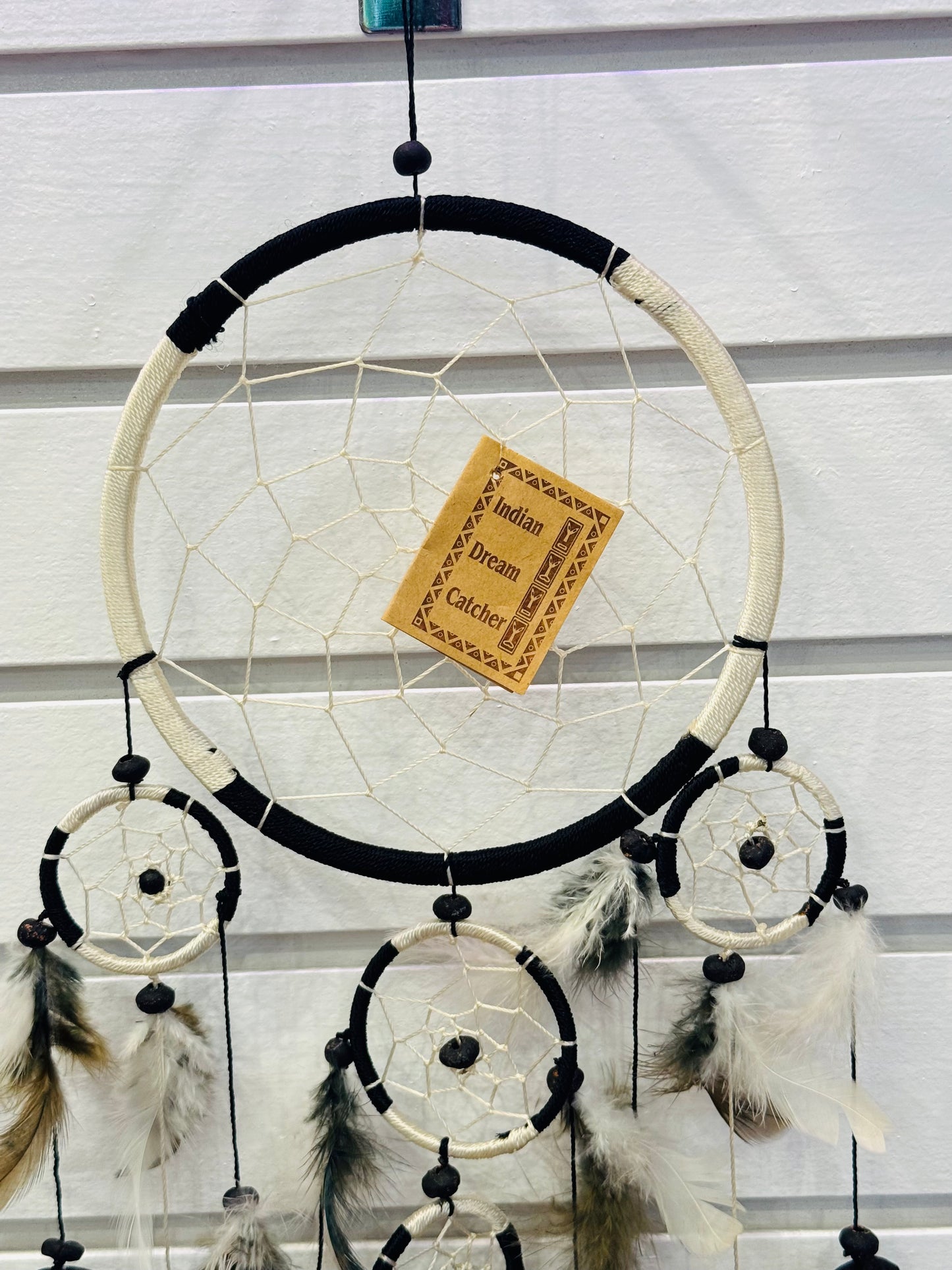 6" Black and White Dream Catcher with Feathers, Capis Shell and Beads