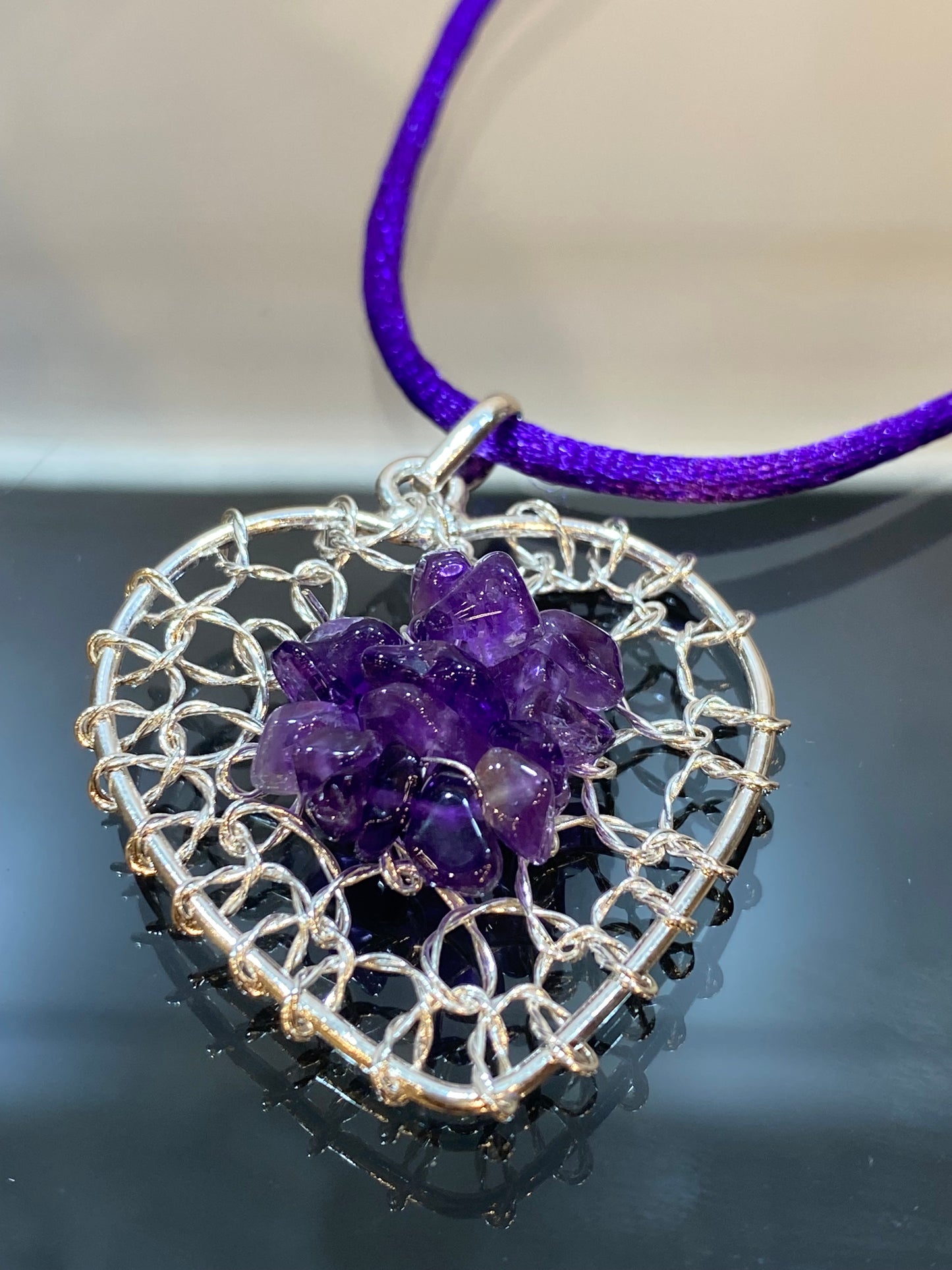 Amethyst Chip Silver Wired Heart Pendant With Purple Cord Necklace