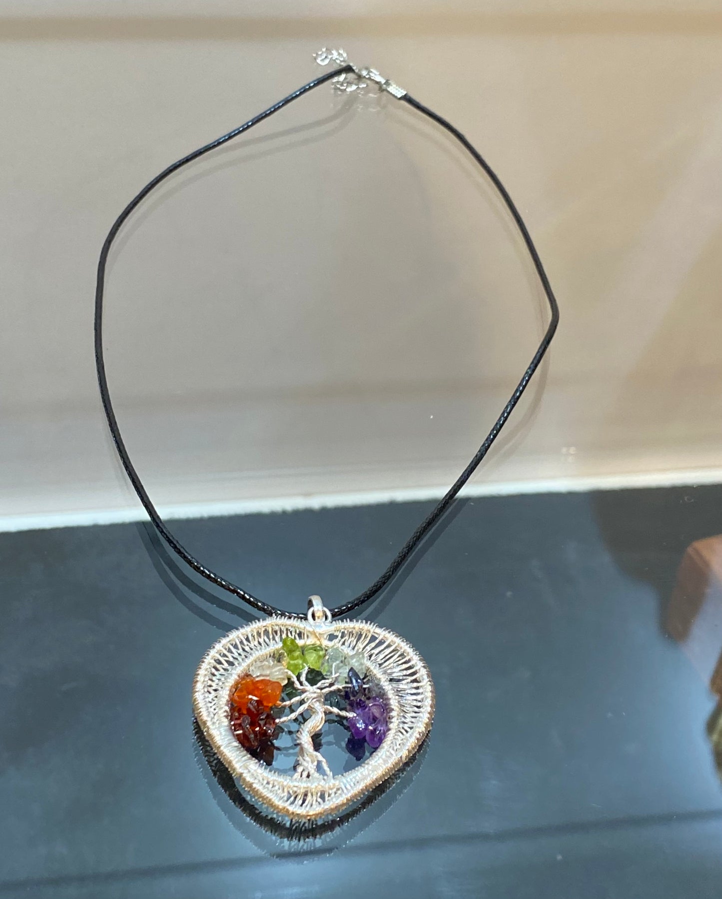 7 Chakra Chips Tree of Life Silver Wire Wrapped Heart Pendant with Black Cord Necklace