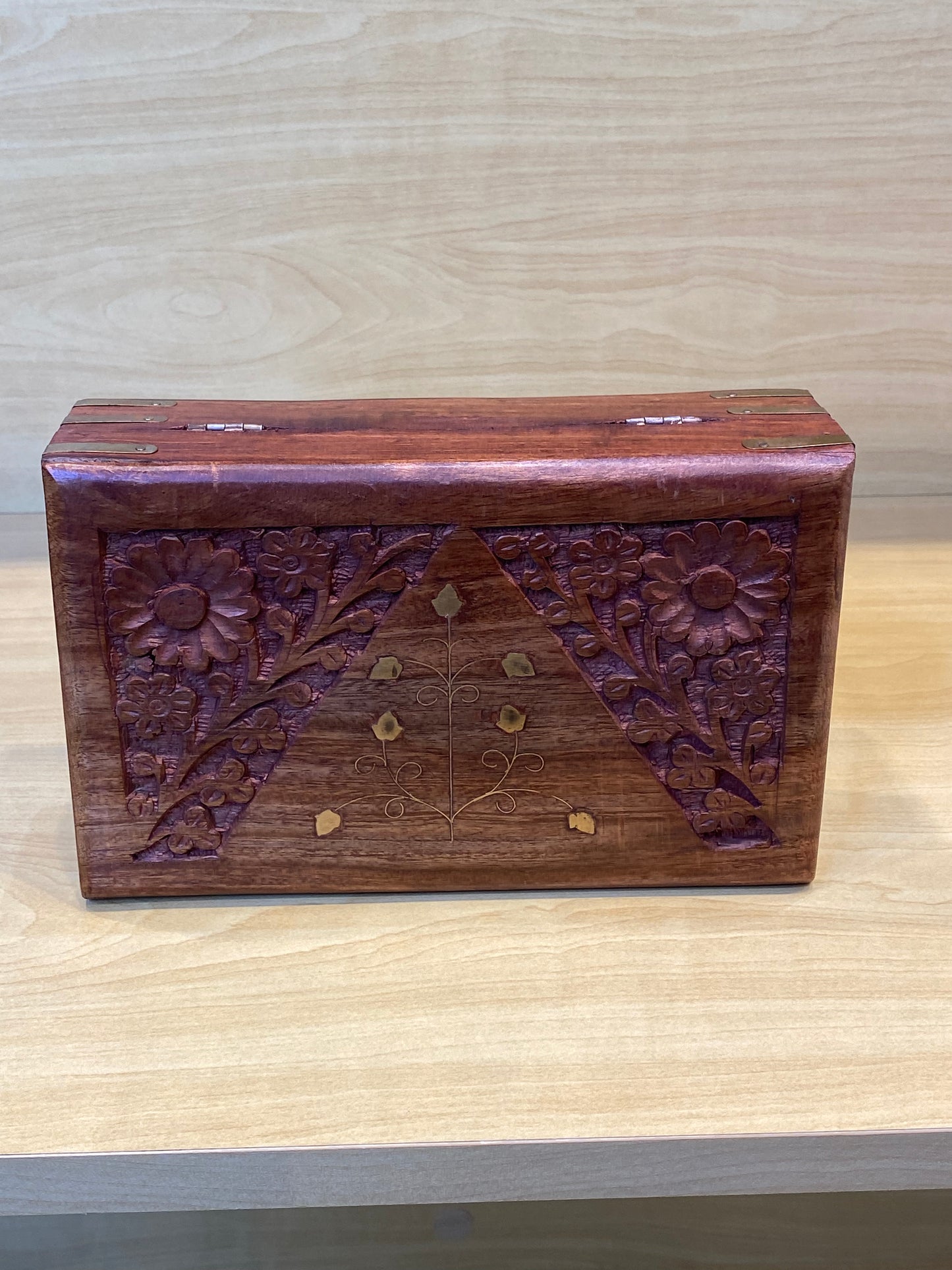 Hand Carved Wooden Storage Box Flower with Gold Vine (Brown)