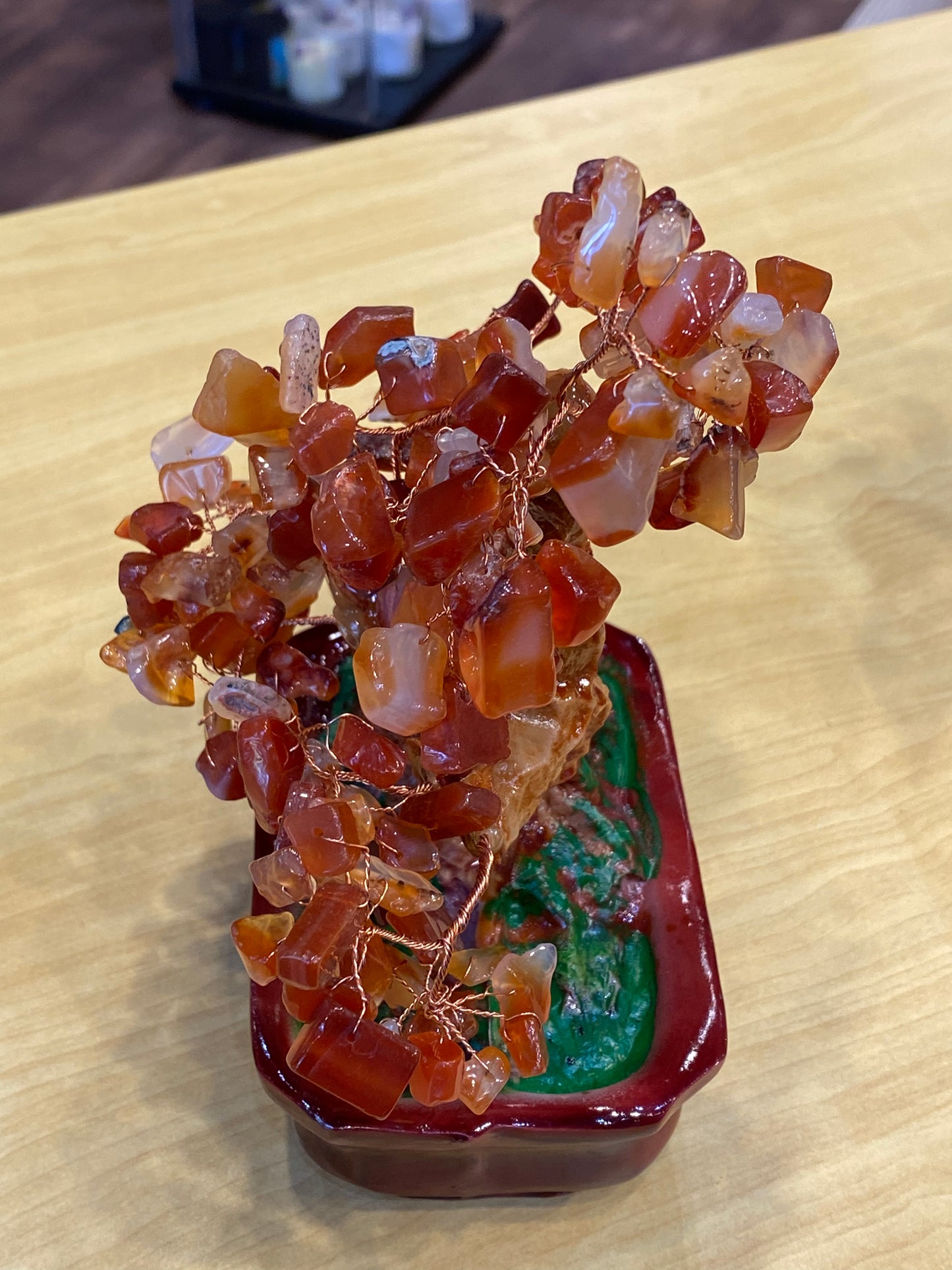 Feng Shui Bonsai Tree Desktop  Tumbled Carnelian in a Red Tub