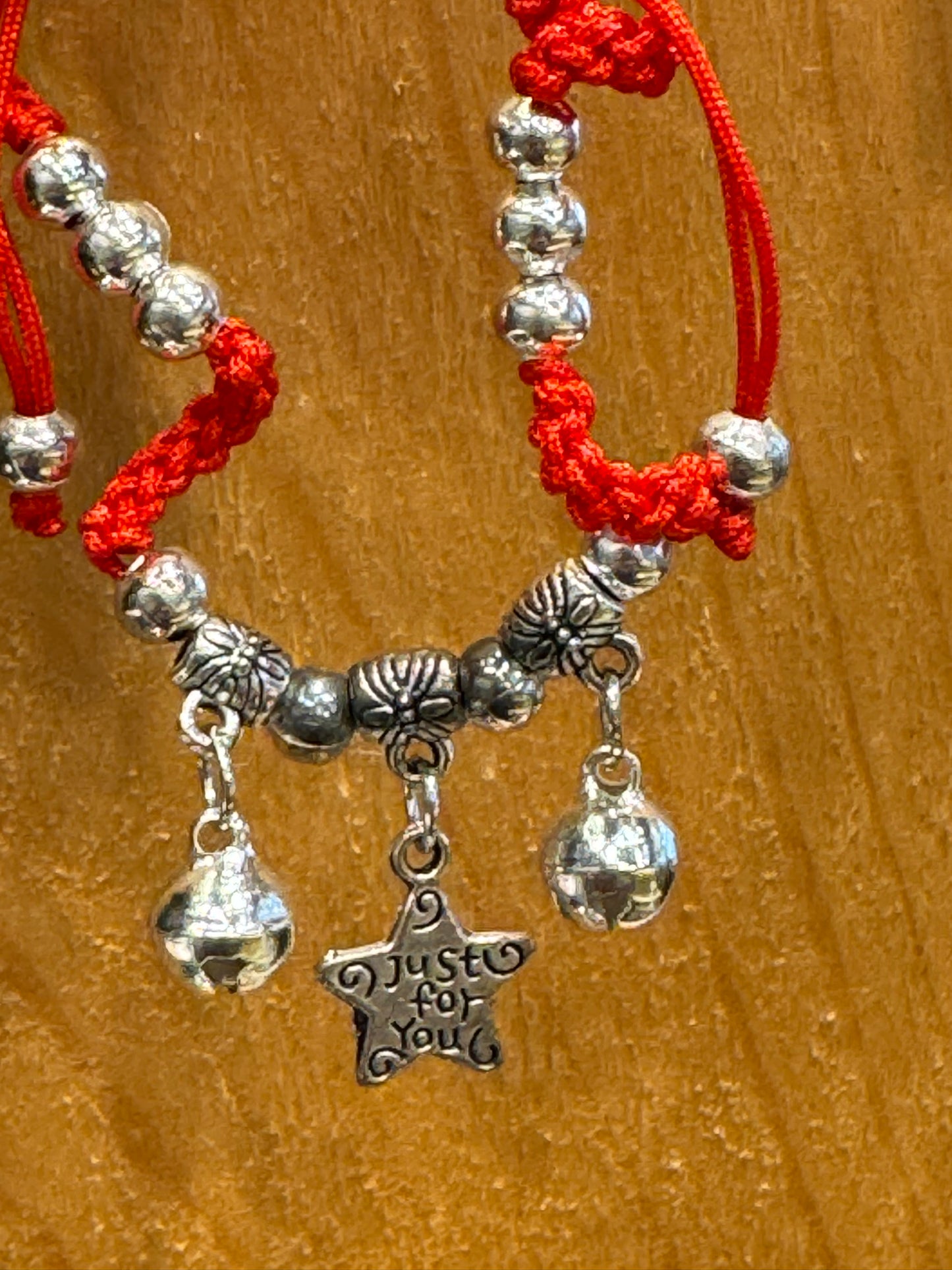 Red String Pull Tie Braided Bracelet Silver Beads,Bells and Star